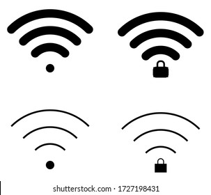 Flat wifi sign icons in straight and round shape and connection level, locked and unlocked, triangle, thin, thick and round.