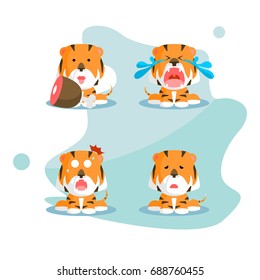 Flat wild orange tiger cartoon funny and cute with various expression and emotion in blue background white for children and kid in kindergarten set template