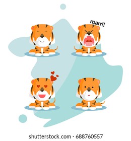 Flat wild orange tiger cartoon funny and cute with various expression and emotion in blue background white for children and kid in kindergarten set template