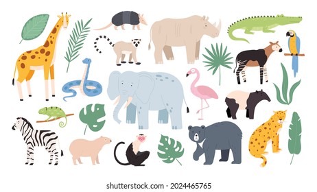 Flat wild safari animals from rainforest and savanna. Jungle forest birds, monkey and snake. African zebra, crocodile and jaguar vector set. Illustration of savanna wildlife, africa wild