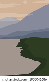 Imagen plana de fauna. Un río con colinas verdes y cielos soleados. Imagen vectorial en colores claros. Diseño para carteles, tarjetas, textiles, fondos, plantillas.