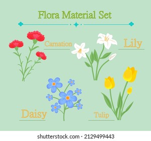 Flat wind flower illustration material set, carnations, tulips, daisies, lilies