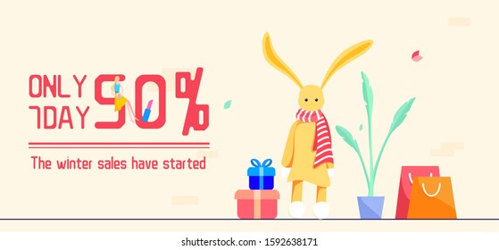 Flat wind yellow rabbit sitting next to gift box and shopping bag, discount promotion poster background