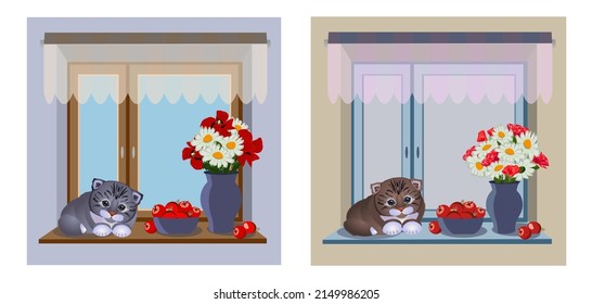 Flat window with curtain and  cartoon cute cat, flowers, berries on a sill. Vector illustration