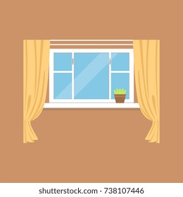 Flat window with curtains on brown wall