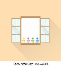Flat window with opened and colorful flower pots on orange color background, vector illustration