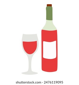 Flat Wine bottle and Drinking Glass isolated on white background. Cartoon Vector illustration of Red Grape Wine. Graphic object for Card Design, Restaurant Menu, Poster Alcoholic Drink, Merlot, Winery