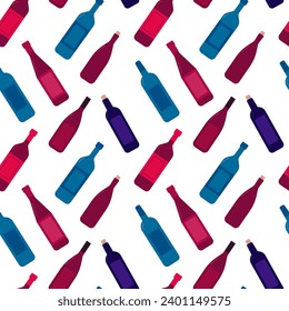 Flat wine bottles seamless pattern. Kinds of wine bottles vector pattern