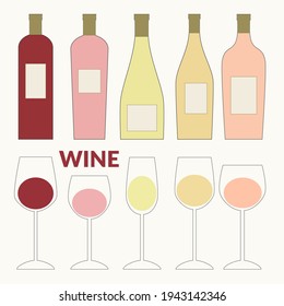Flat wine icon set with wine bottles and glasses. For wine list, label, food and drink background.