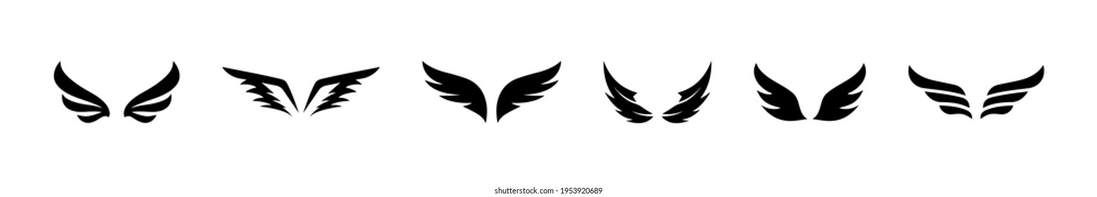 Flat wings vector icon set. Wings icon collection. Template set. Minimalistic wings icons for decoration design. Collection wings badges. Flying, freedom concept. Vector graphic illustration. EPS 10