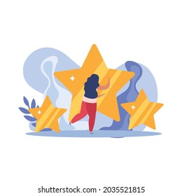 Flat winner people icon with female character and shiny stars vector illustration