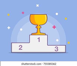 Flat winners podium with golden cup. Vector illustration. isolated