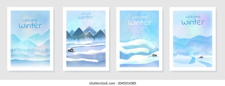 Flat winter cartoon style landscape. Snowy backgrounds. Snowdrifts. Snowfall,  blizzard, snowy weather. Vector illustration design for poster, book cover, brochure, booklet, magazine, flyer 