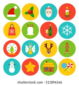 Flat Winter Christmas Icons. Vector Illustration. Happy New Year Holiday. Collection of Circle Items.