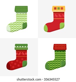 Flat winter Christmas Socks set with pixel deer and christmas trees