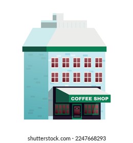 Flat winter city building with coffee shop and snow on roof vector illustration