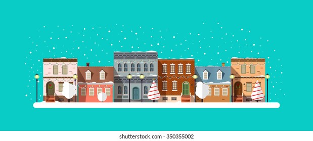Flat winter city landscape with snow and christmas decorations