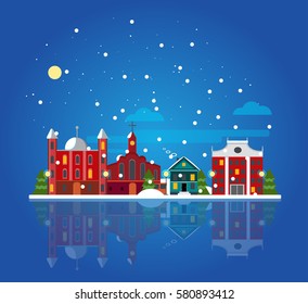 Flat winter city landscape template with buildings snow trees and reflection on blue background vector illustration 