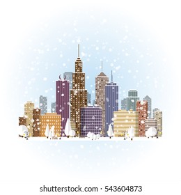 Flat winter cityscape background. Town architecture. Urban landscape illustration. Modern metropolis skyscraper silhouette. New year and xmas holidays.