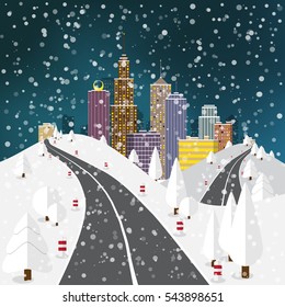 Flat winter cityscape background. Town architecture. Urban landscape illustration. Modern metropolis skyscraper silhouette. New year and xmas holidays. Road and highway.