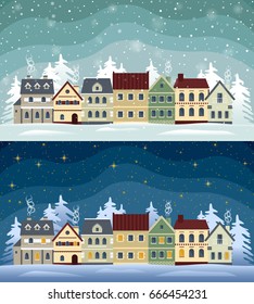 Flat winter cityscape: day and night. Snowy city, town or village with falling snow. Urban landscape. Vector illustration.