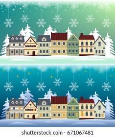 Flat winter cityscape: day and night. Snowy city, town or village with falling snow. Urban landscape. Vector illustration.