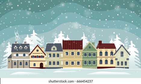 Flat winter cityscape. Snowy city, town or village with falling snow. Urban landscape at night. Vector illustration. 