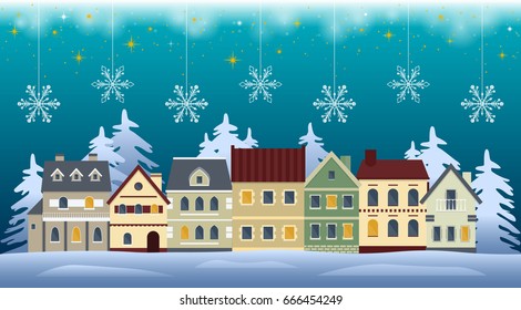 Flat winter cityscape. Snowy city, town or village with falling snow. Urban landscape at night. Vector illustration. 