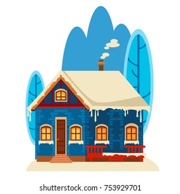 Flat winter cottage house collection. One of set. Vector image of the brick christmas houses covered with snow. Winter background with cartoon houses.