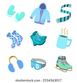 Flat winter element illustrations, including gloves, scarves, and hot drinks, in pastel and vibrant colors. This playful collection is great for stickers, greeting cards, or digital designs.