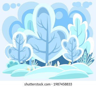 Flat winter forest. Beautiful frosty landscape with snow covered trees. Illustration in simple symbolic style. Funny scene. Comic cartoon design. Country drifts. Vector