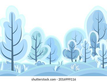 Flat winter forest. Beautiful frosty landscape, snow trees. Illustration in simple symbolic style. Funny scene. Comic cartoon design. Country drifts. Isolsted Vector