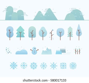 Flat winter forest season vector set, tree, mountain, ice, snowflakes. Using as info-graphic, icon or illustration.