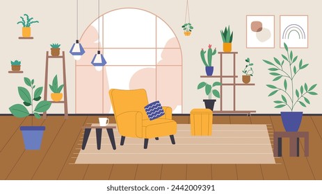 Interior de jardín de invierno plano. Pasatiempo de plantación y jardinería. Sillón, plantas caseras en diferentes macetas, taza de té en la mesa. Acogedora sala de estar vectorial