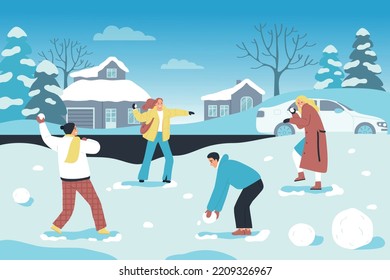 Flat winter holiday background with happy friends in warm outwear playing snowballs in yard vector illustration