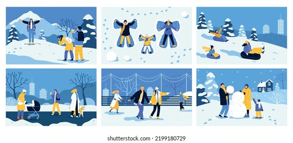 Flat winter holiday set of horizontal posters with happy people spending time outdoors walking skating making snowman taking photo isolated vector illustration