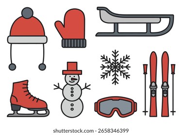 Conjunto de Ícones de inverno Plano - Chapéu, Luvas, Trenó, Boneco de Neve e Mais