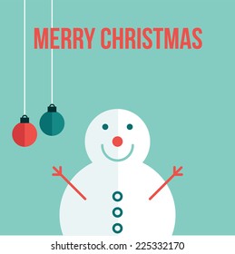 Flat winter illustration with balls and snowman, for christmas time