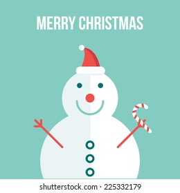 Flat winter illustration with candy and snowman, for christmas time