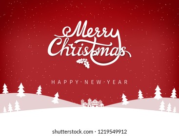 Flat winter landscape background with falling snow. Snowy hills with trees and houses. Merry Christmas calligraphy label on the red holiday background. Minimal scenery backdrop. Vector Illustration.