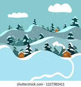 Flat winter landscape with christmas tree and cute houses