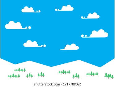 flat winter landscape with ice mountains, snowy fields, hills , fluffy clouds. Cute flat snowy scene with mountains. Winter outdoor rural background. cold or snow season horizontal banner.