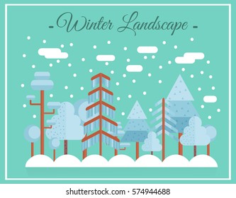 Flat Winter Landscape Illustration isolated with blue background, Vector Winter Landscape: Forest With Various Trees, snow And The Blue sky with clouds