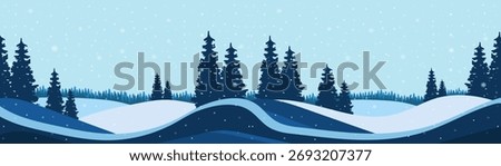 Flat winter landscape with snow and wide-format banner. Snowy weather background. Minimal cold season vector illustration.