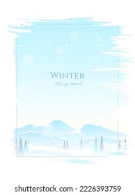 Flat winter landscape. Snow-covered mountain peaks, snowfall in the mountains, blizzard. Winter hiking, extreme tourism. Design of poster, flyer, banner, web background. Vector illustration.