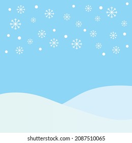 Flat winter landscape. Snowy background vector. Christmas background with snow, fir trees and snowflakes. Holiday banner.