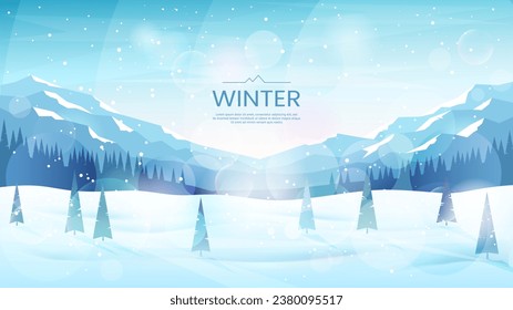 Flat winter landscape. Snowy background, snowfall. Trees in snowdrifts and mountains covered with snow. Clear blue sky. The concept of tourism, hiking and trekking. Vector illustration.