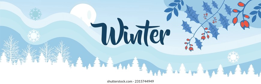 Flat winter landscape. Snowy backgrounds. Snowdrifts. Snowfall. Clear blue sky. Design elements for poster, book cover, brochure, magazine, flyer, booklet. Winter background banner.