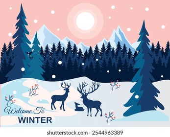 Flat winter landscape. Snowy backgrounds. Snowdrifts. Snowfall. Clear  sky. Blizzard. Snowy weather with deers . All lsyers are single for any coustomization , Eps 10 Vector illustration.