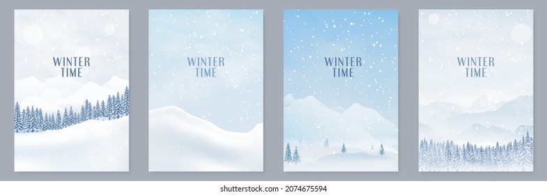 Flat winter landscape vector illustration  Snowy backgrounds  Snowfall  Snowy weather  Design elements for poster  book cover  brochure  magazine  flyer 